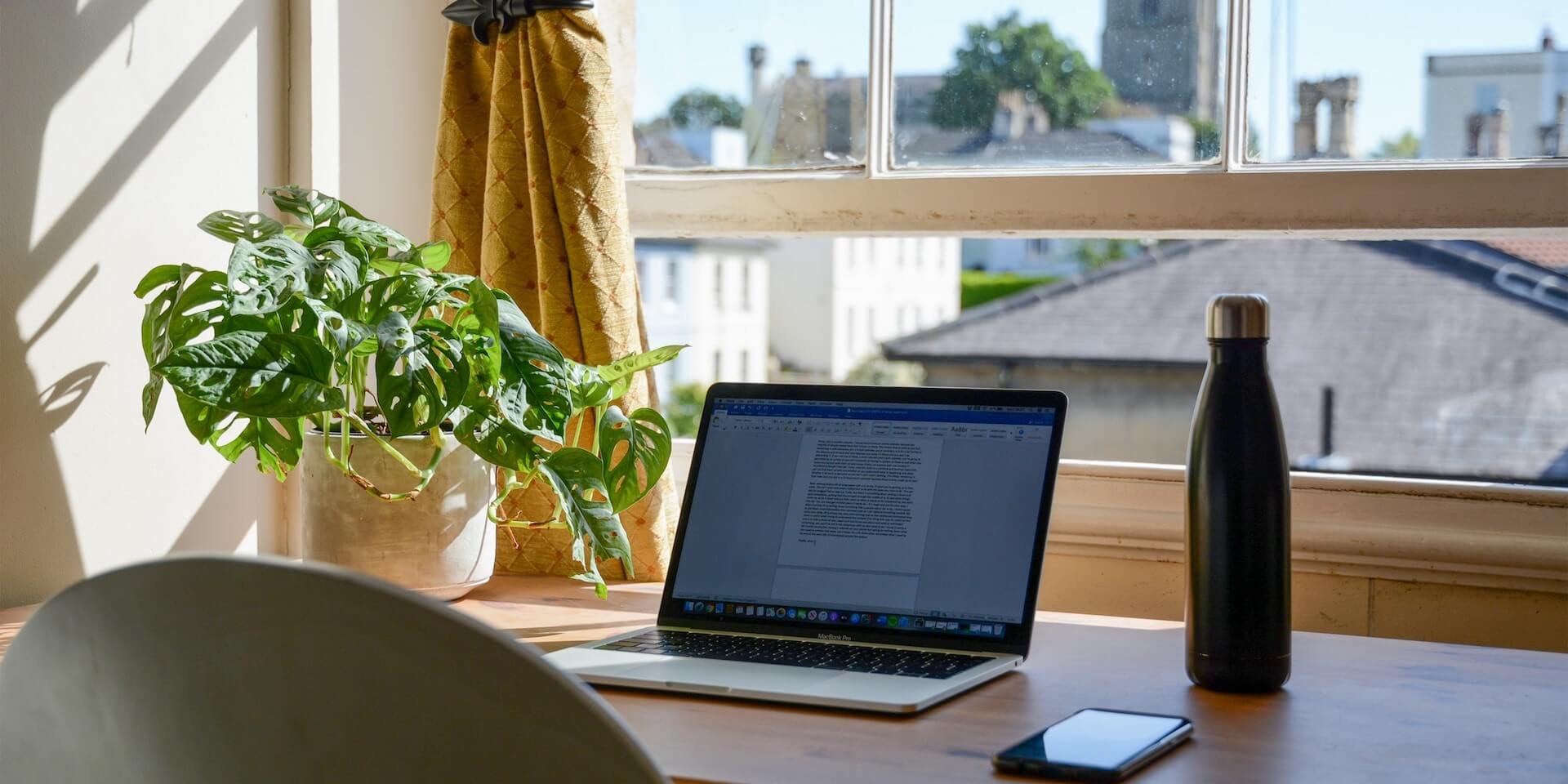 home office computer, water bottle, and plant on a home office desk
