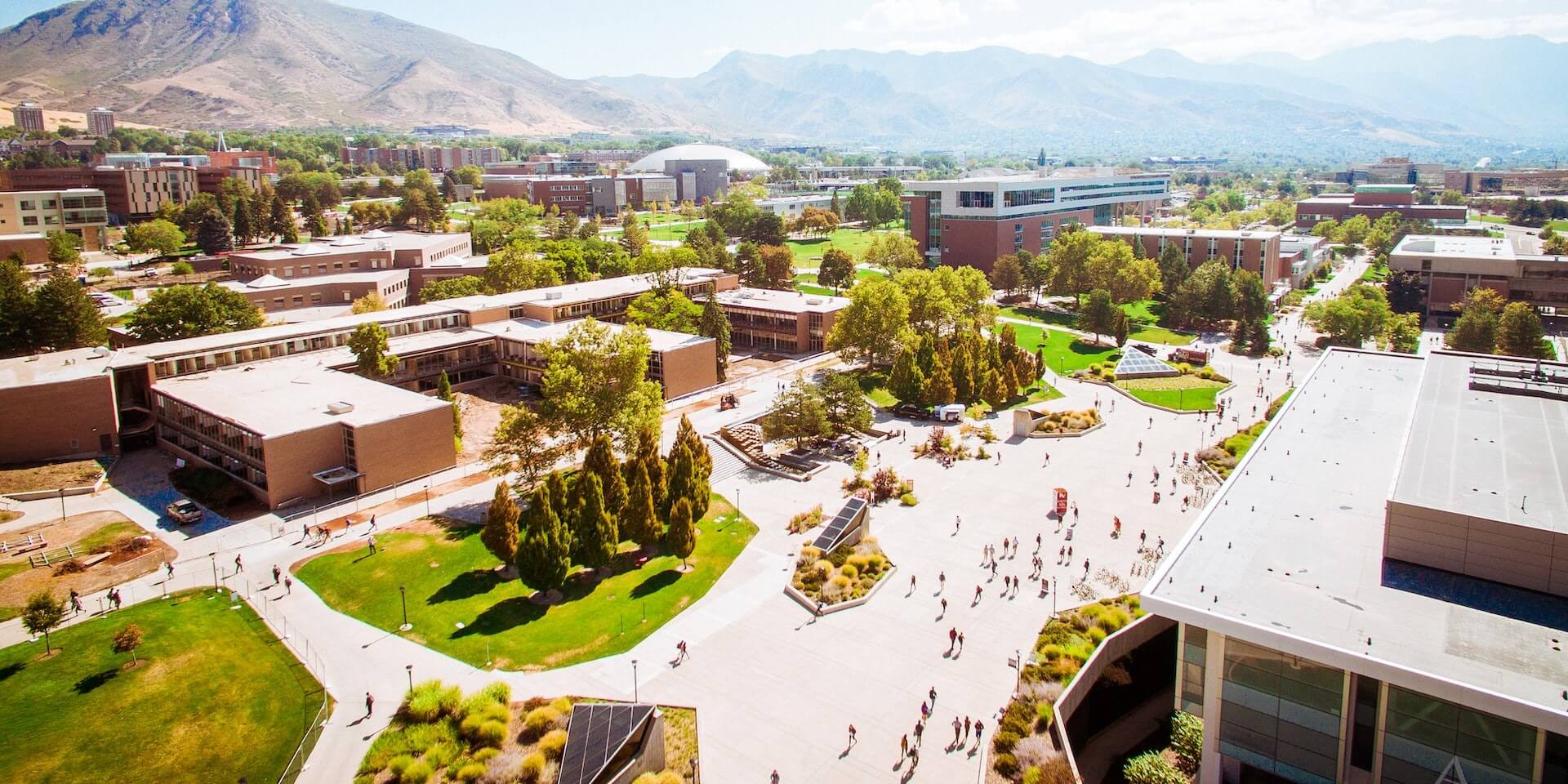 college campus aerial view of a bustling college campus